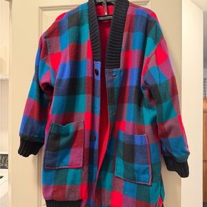 Vintage Colorblock Plaid Button Jacket - Teal, Red, Blue, Black